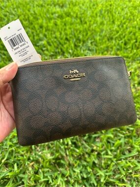 Coach Dark Brown Signature Zip Wristlet with Gold Accent